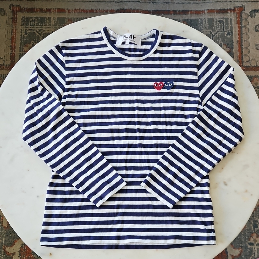 Play Comme Des Garcons Navy Blue/White Stripe Long Sleeve T-shirt
